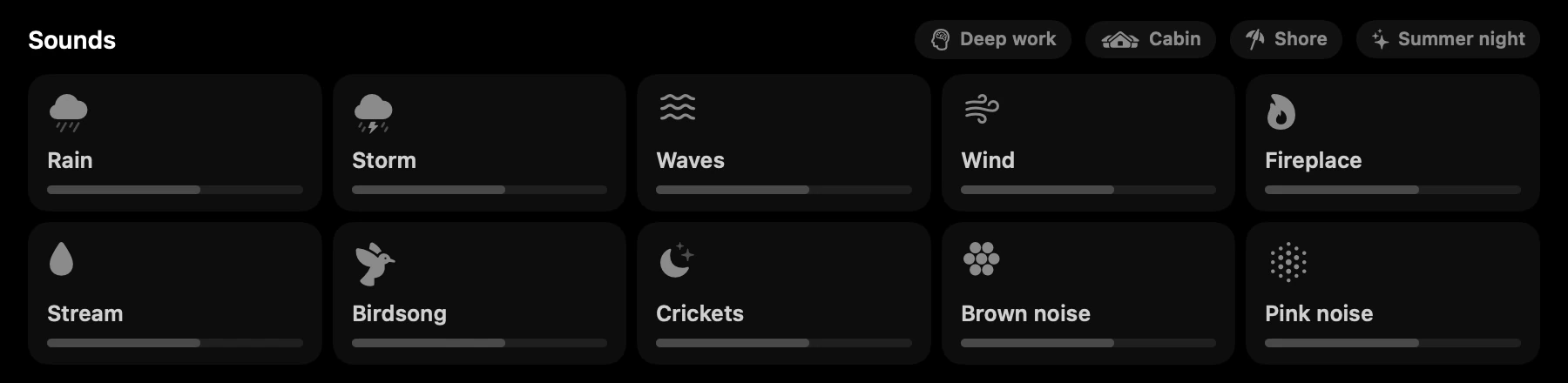 The Sounds tool with ten ambient sounds