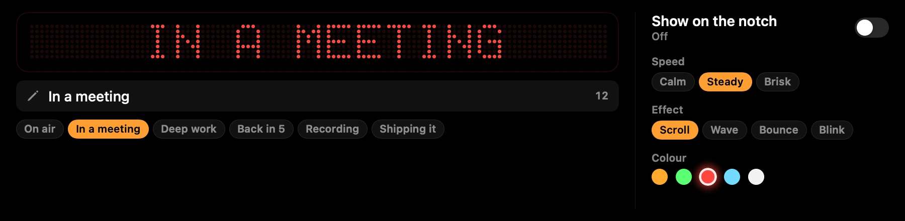 The Ticker tool scrolling a message on an LED strip